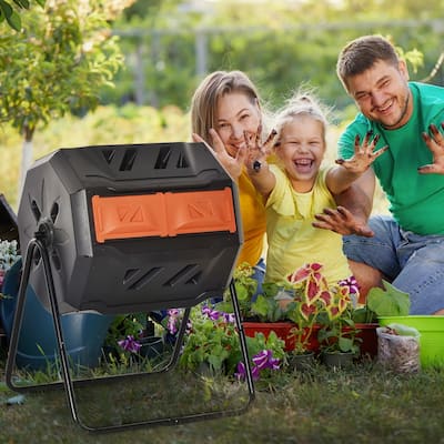 Outsunny Tumbling Compost Bin Outdoor Dual Chamber 360-deg Rotating Composter 43 Gallon w/ Sliding Doors & Solid Steel Frame