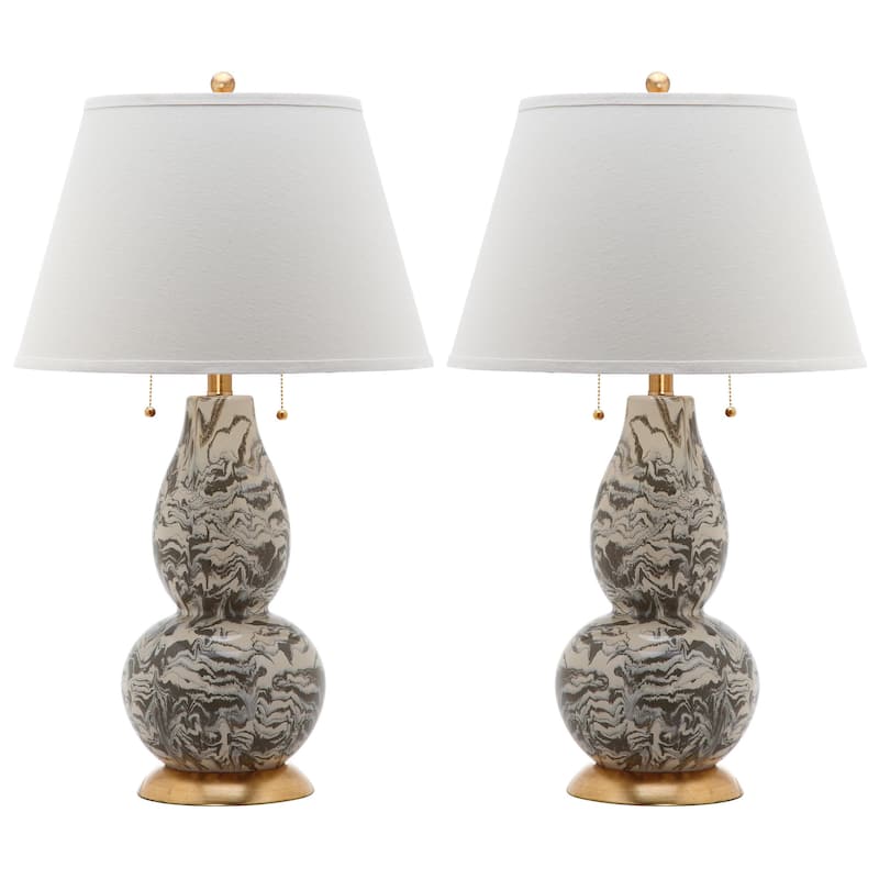 SAFAVIEH Lighting Sebrina 29-inch Navy And White Color Swirls Glass Table Lamp (Set of 2) - 17"x17"x28" - 17Wx17Dx28H