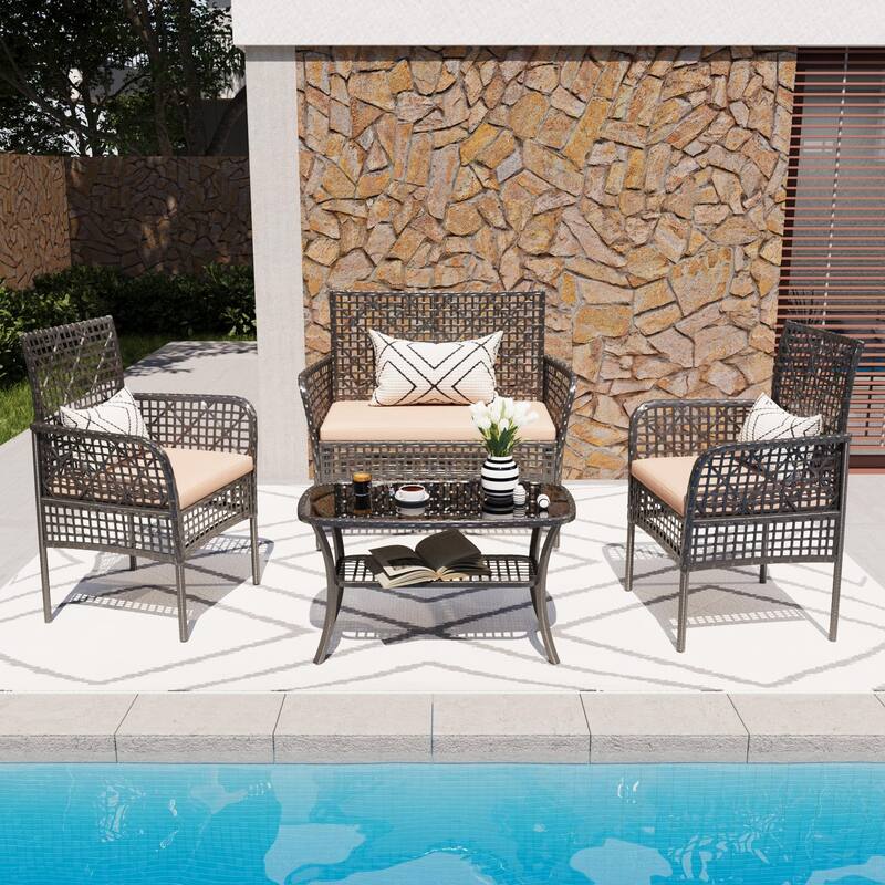 4 Pieces Outdoor Patio Furniture Set,PE Rattan Wicker Garden Conversation Chairs with Tempered Glass Table and Soft Cush