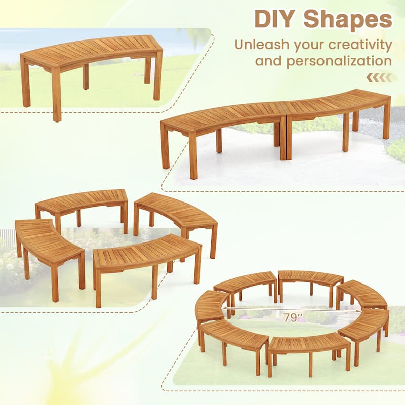 Solid Acacia Wood Outdoor Bench with Curved Design 45" Backless Seat for Garden or Deck - 19" x 45" x 17" (L x W x H)
