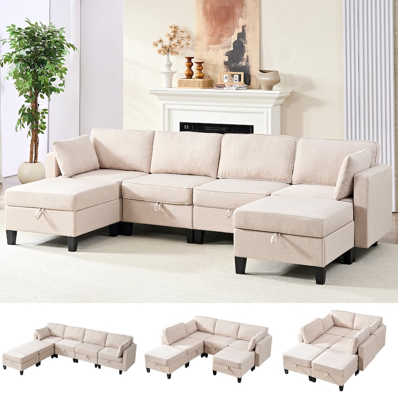 Mixoy Flexible Combination Reversible 4-Seater Modular Sofa with Ottomans,Linen Convertible Sleeper Sofa Bed with Storage Space