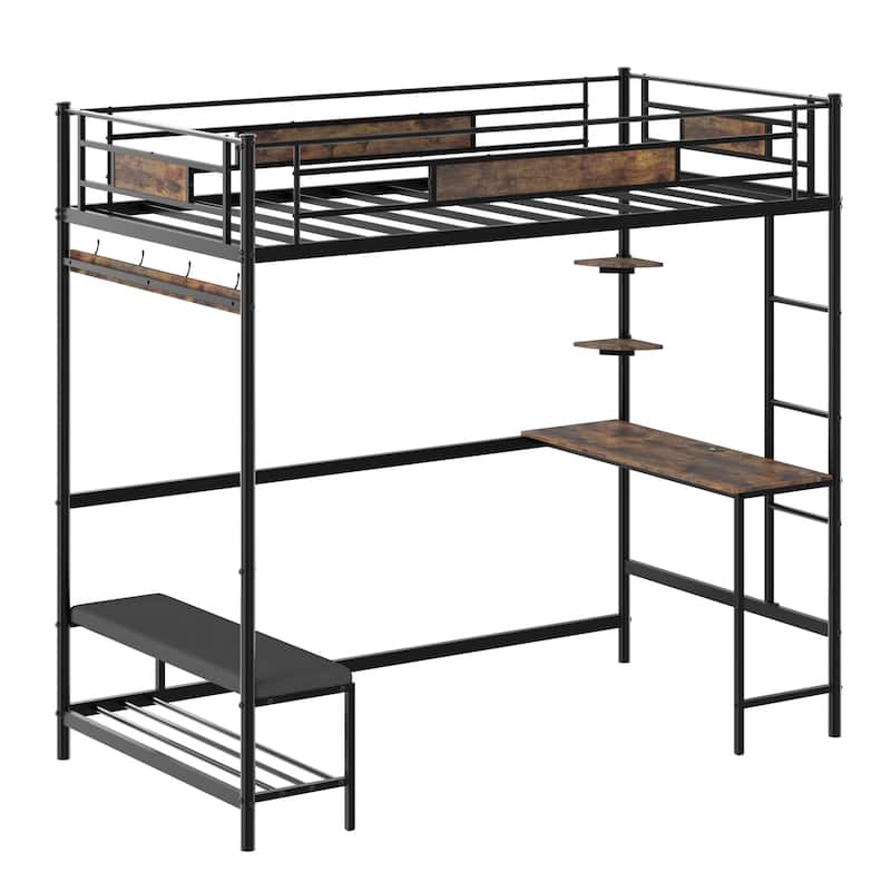 Twin Size Loft Bed Frame With Storage, Easy To Assemble, The Slats Are Securely Fastened To The Metal Frame With A Buckle Design
