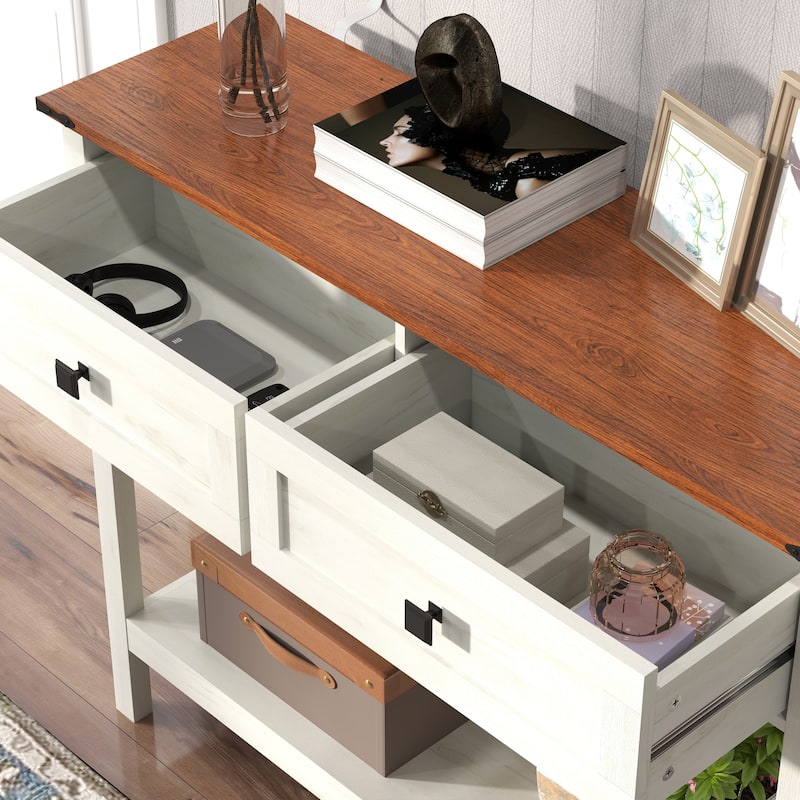 Farmhouse Entryway Console Table with Drawers and Shelf