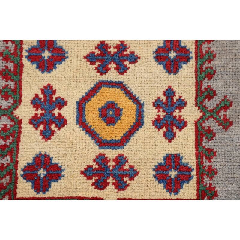 Gray Geometric Kazak Rug Handmade Foyer Wool Carpet - 2'9" x 4'1"
