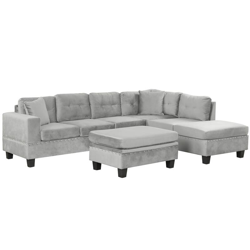 105.1" Velvet L-Shaped Sectional Sofa with Ottoman & Cup Holders
