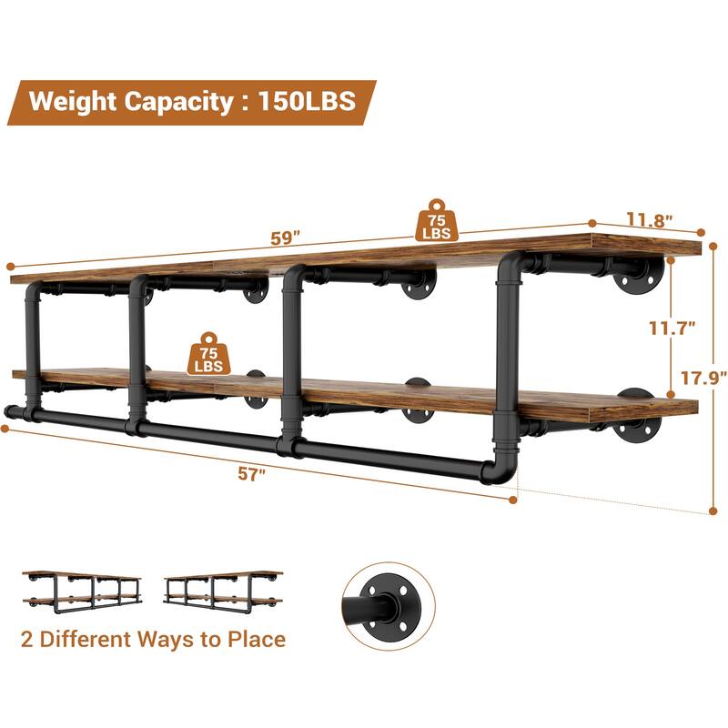 Floating Pipe Heavy-Duty Garment Rack, Wall-Mounted Closet Organizer with Storage Shelves