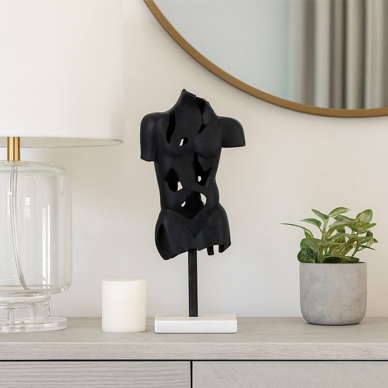 Black Abstract Torso Sculpture on Marble Base - Decorative Objects for Home Decor