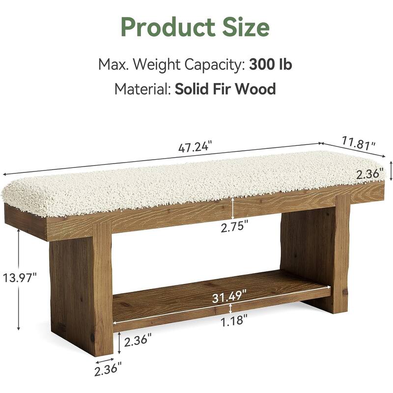 47.2" Solid Wood Entryway Bench, 2-Tier Farmhouse Upholstered Bedroom Bench