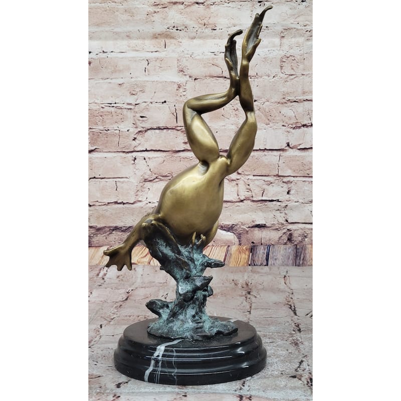 Hot Cast Bronze Leaping Frog W/ Gold Patina On Marble Base - Original Art By Milo