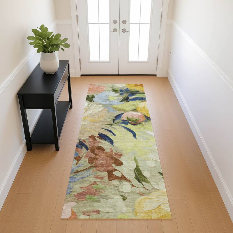 Machine Washable Indoor/ Outdoor Watercolor Floral Chantille Rug