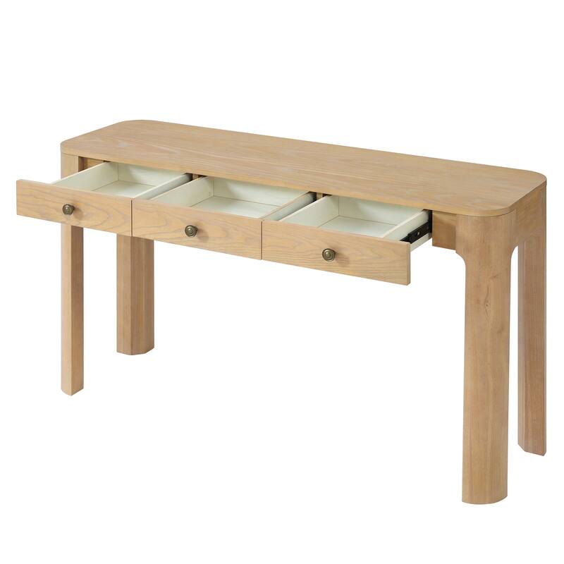 Anmytek Rustic Console Table with 3 Drawers and Curved Safety Corners Light Oak Entryway and Sofa Table for Living Room
