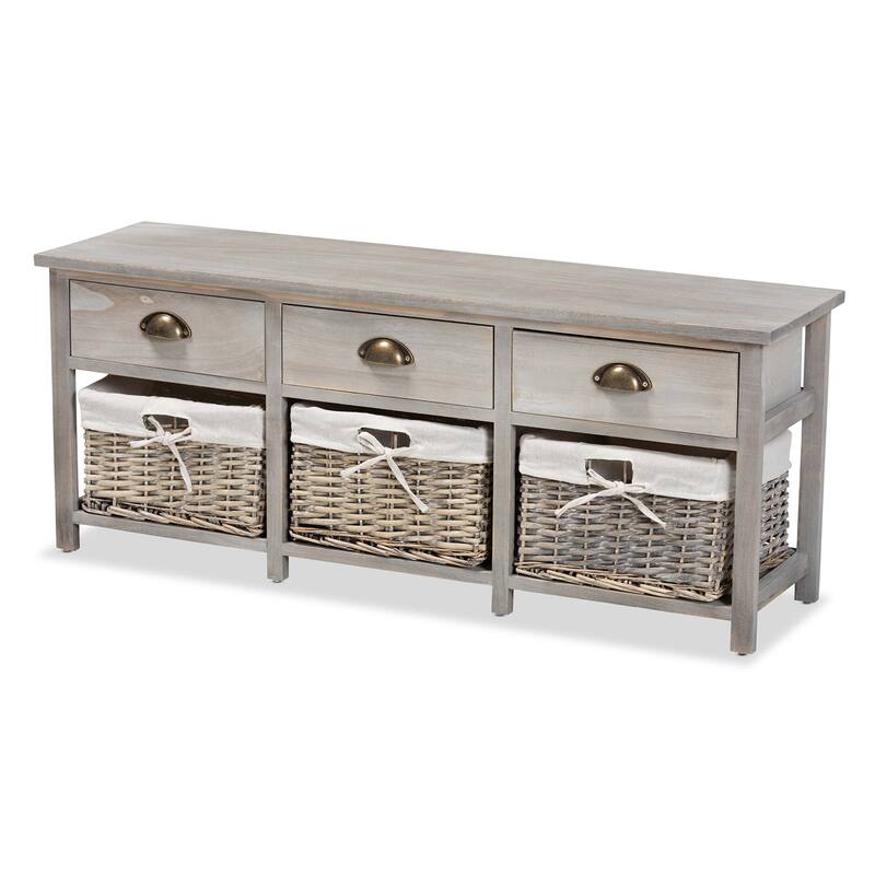 Mabyn Modern & Contemporary 3-Drawer Wood Storage Bench with Baskets - Light Grey
