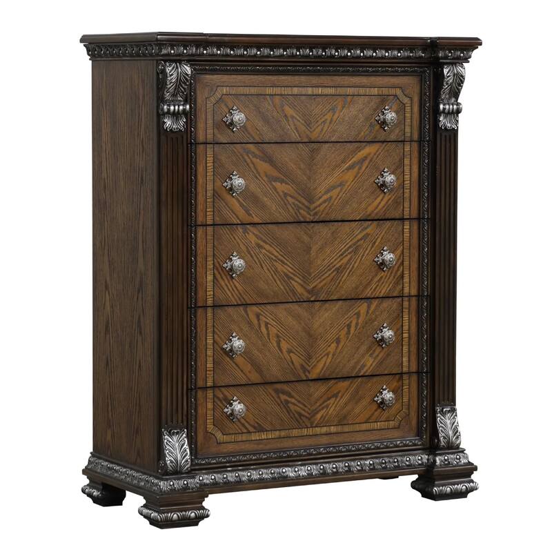 Naddy Tall Dresser Chest, Brown Pine Wood, Ornate Carving