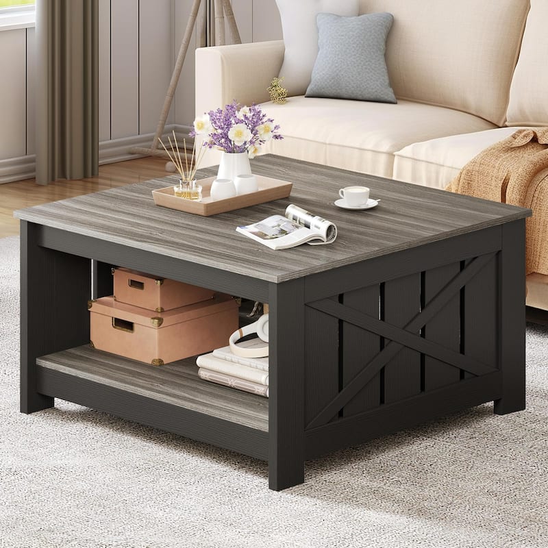 Moasis Farmhouse Coffee Table with Storage for Living Room Square Center Table