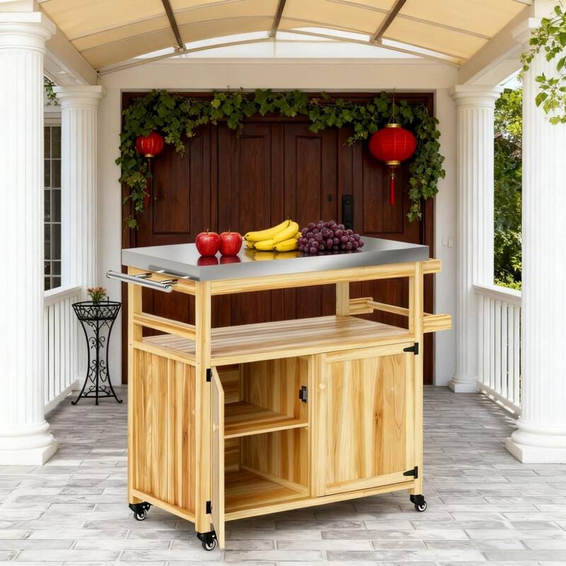 GDFStudio Outdoor Alaric Stainless Steel Grill Cart with Solid Wood Storage and Mobile Design
