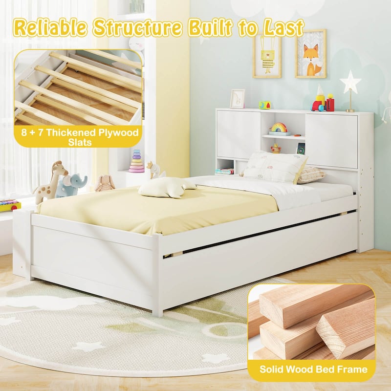 Costway Twin Size Bed Frame with Trundle & Power Outlet Bookcase