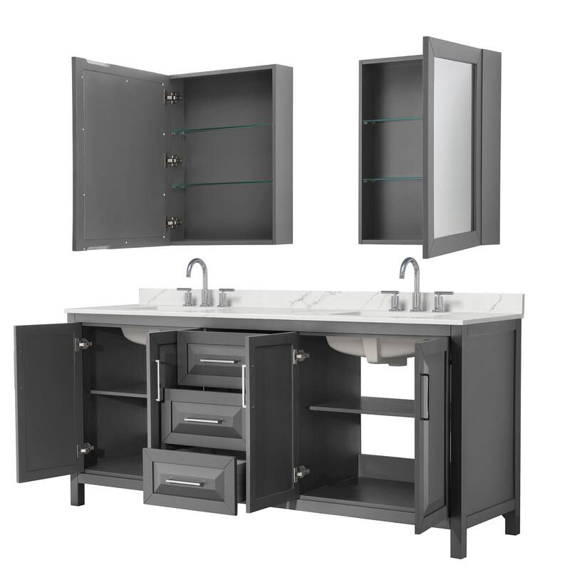 Daria 80-inch Double Vanity, 3 Hole Quartz Top, Med Cabinets