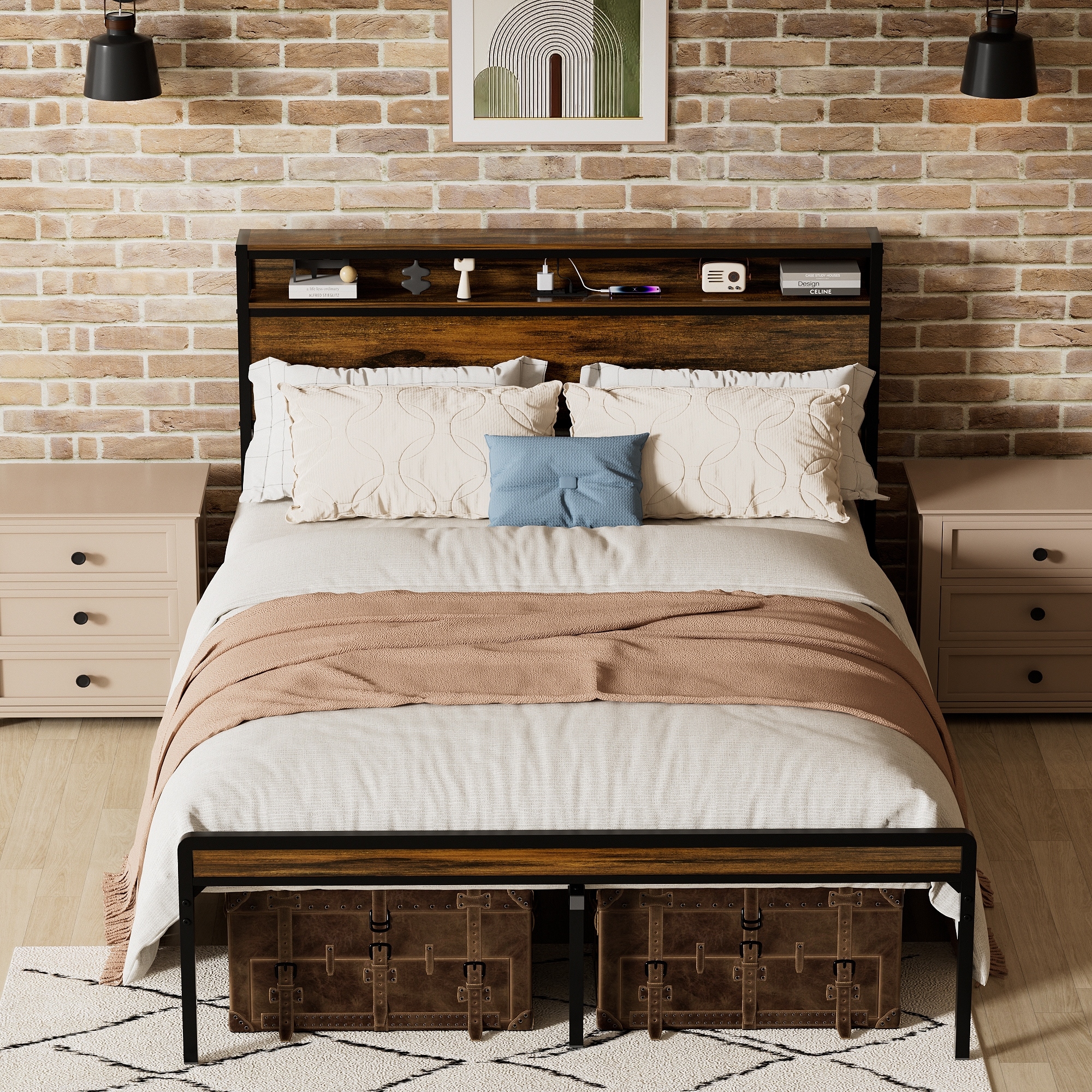 Full Size Platform Bed with Storage Headboard,LED Light and Charging Station for Bedroom
