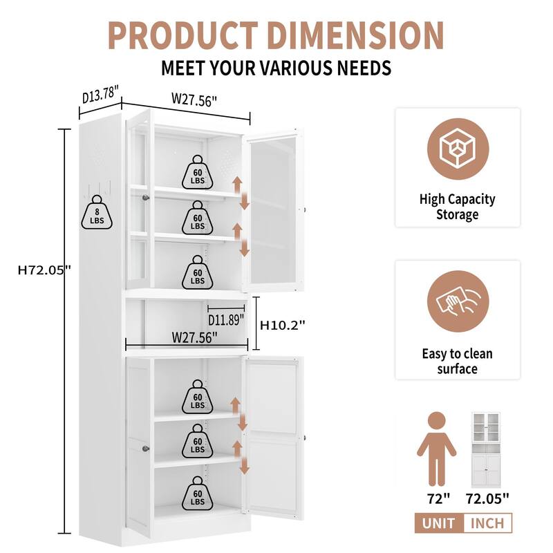 Metal Kitchen Pantry Cabinet - 72" Tall Storage with Adjustable Shelves (White), Heavy Duty Stainless Steel Frame