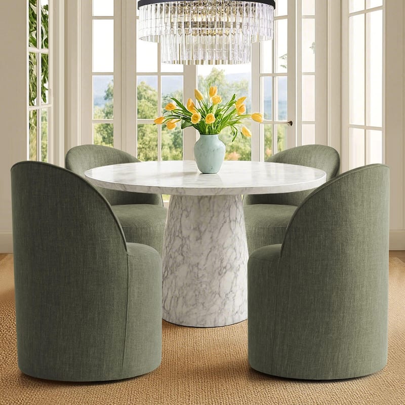 Olive Green Linen Rolling Upholstered Dining Chair with Wheels