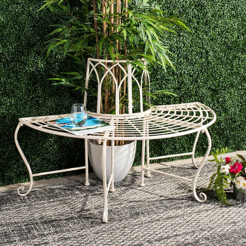 SAFAVIEH Nya Victorian Wrought Iron 50-inch Outdoor Tree Bench - 50 In. W x 24 In. D x 31 In. H - 50"W x 24"D x 31"H - Antique White