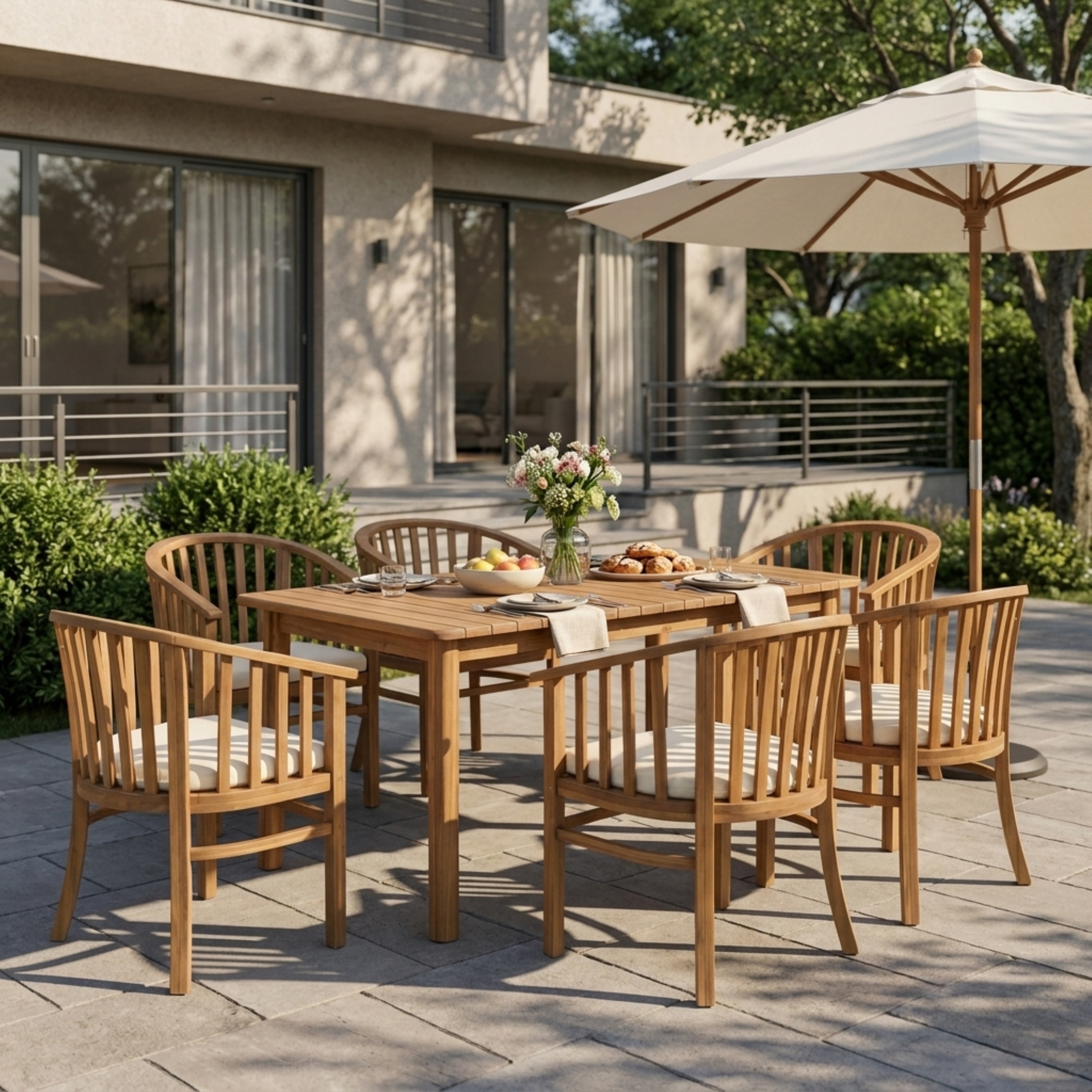 Christopher Knight Home - Oseo 7-Piece Outdoor Dining Set, Extendable Acacia Wood Slat Table & Curved Back Cushioned Armchairs