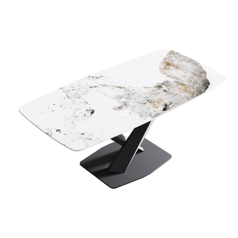 71"Marble Sintered Stone Dining Table with X-Shape Carbon Steel Pedestal