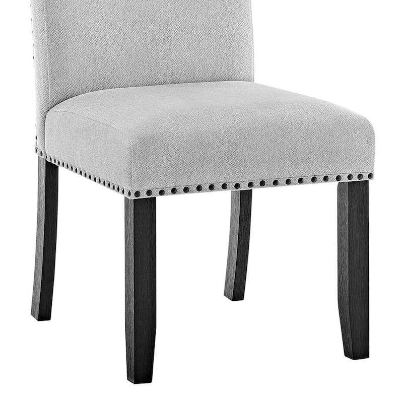 Viem Dining Chair Set of 2, Black Wood, Gray Fabric Seat, Nailhead Trim