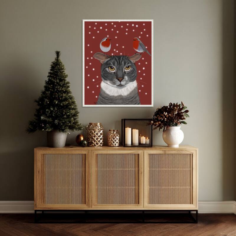 Grey Cat and Robins by Fab Funky (23 x 28 in.), Framed Canvas Wall Art Print - Sylvie Beaded White