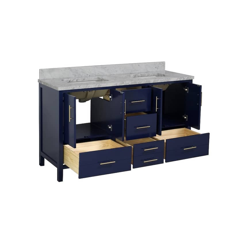KitchenBathCollection California 60" Double Bathroom Vanity with Carrara Marble Top