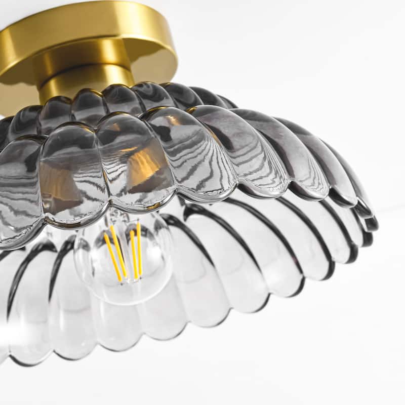 1-Light Vintage Brass Finish Metal Semi-Flush Mount Ceiling Light with Amber/Green/Grey/Clear Glass Shade for Kitchen, Hallway