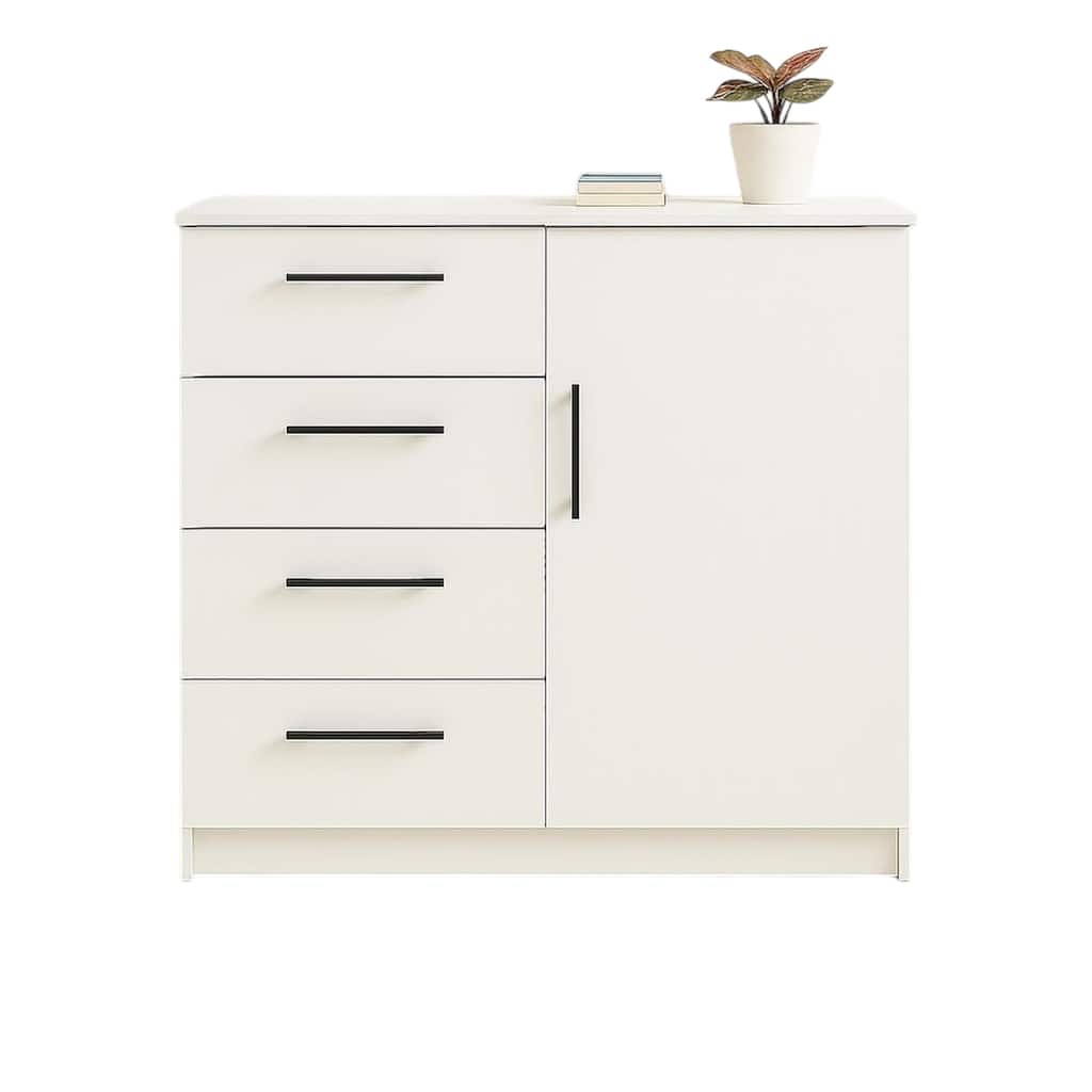 Roby Large Dresser Chest, 4 Drawers w Cabinet, 47 Inch, White Melamine