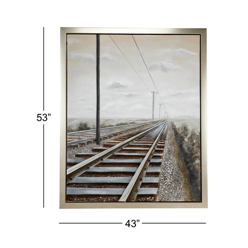 Canvas Landscape Railroad Framed Wall Art with Silver Frame - Gray - Roche River Decor