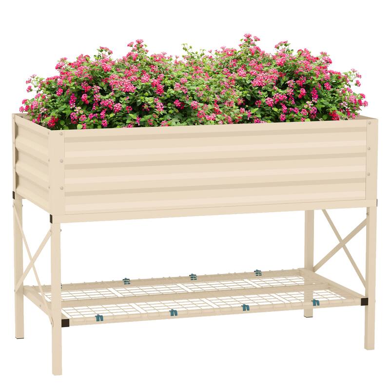 Raised Garden Bed with Galvanized Steel Frame, Storage Shelf and Bed Liner, Elevated Box with Legs for Vegetables, Flowers - Cream White
