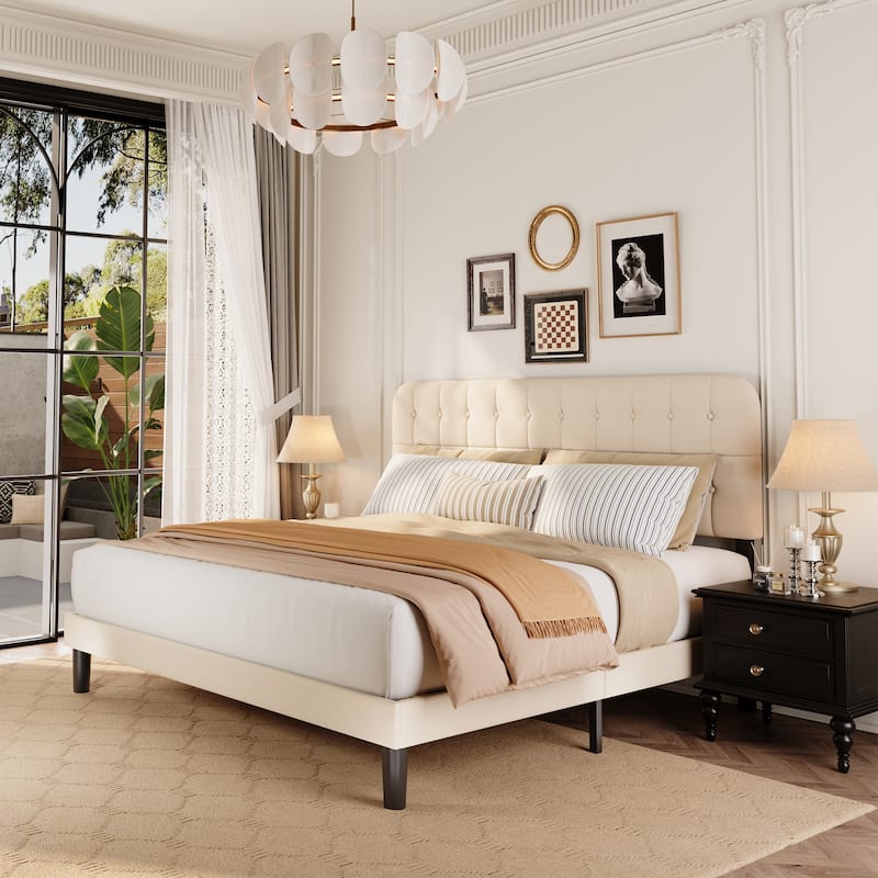 Full / Queen / King Bed Frame with Headboard, Upholstered Platform Bed with Sturdy Wooden Slats