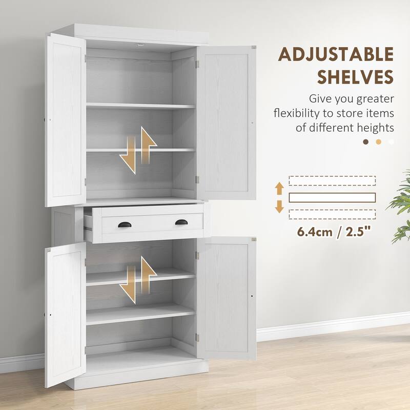 72.5" Kitchen Pantry Cabinet, Traditional Freestanding Storage Cabinet with 4 Doors, Drawer and 3 Adjustable Shelves