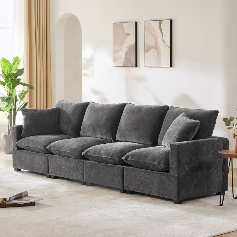 Black 84" Modular Chenille 4-Seat Sectional Sofa Set with 2 Pillows and Removable Cushions, Perfect for Living Space - 4 Seater Black+Grey