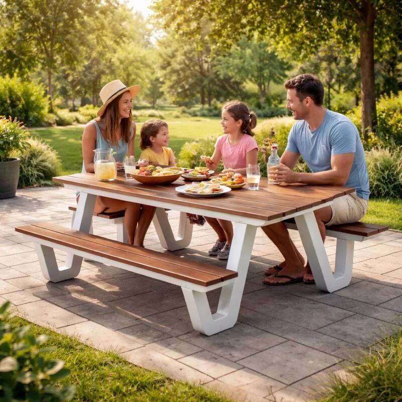 Limo 86 Inch Picnic Table, Rich Brown Polyresin Slats, Aluminum Frame