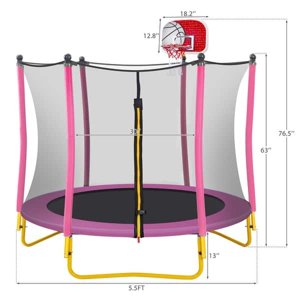 dimension image slide 1 of 5, 5.5Ft Trampoline For Kids - 65" Outdoor & Indoor Mini Toddler Trampoline With Enclosure