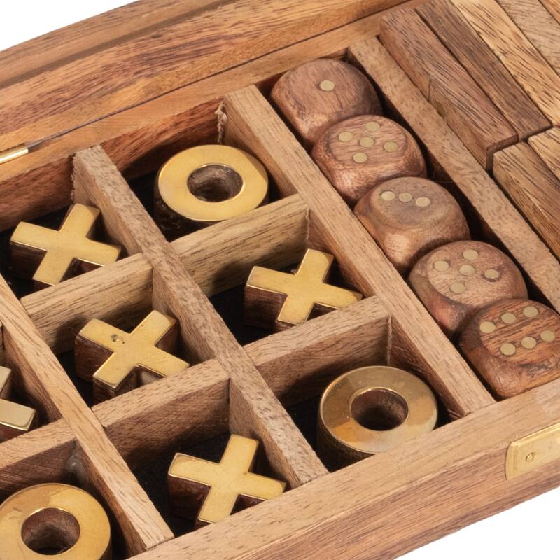 Sagebrook Home 9x4 Mango Wood, Glass & Brass Table Game Box, Elegant Brown Entertainment Piece for Family Gatherings
