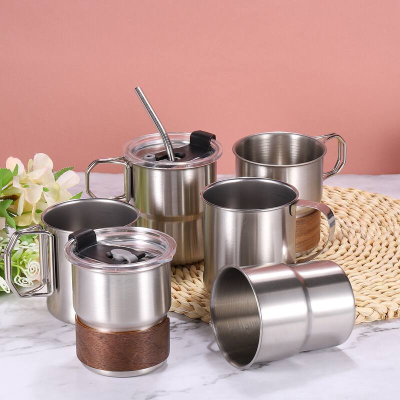 304 Stainless Steel Cup with Handle & Straw & Lid, 10oz Double Wall Water Cup - Silver