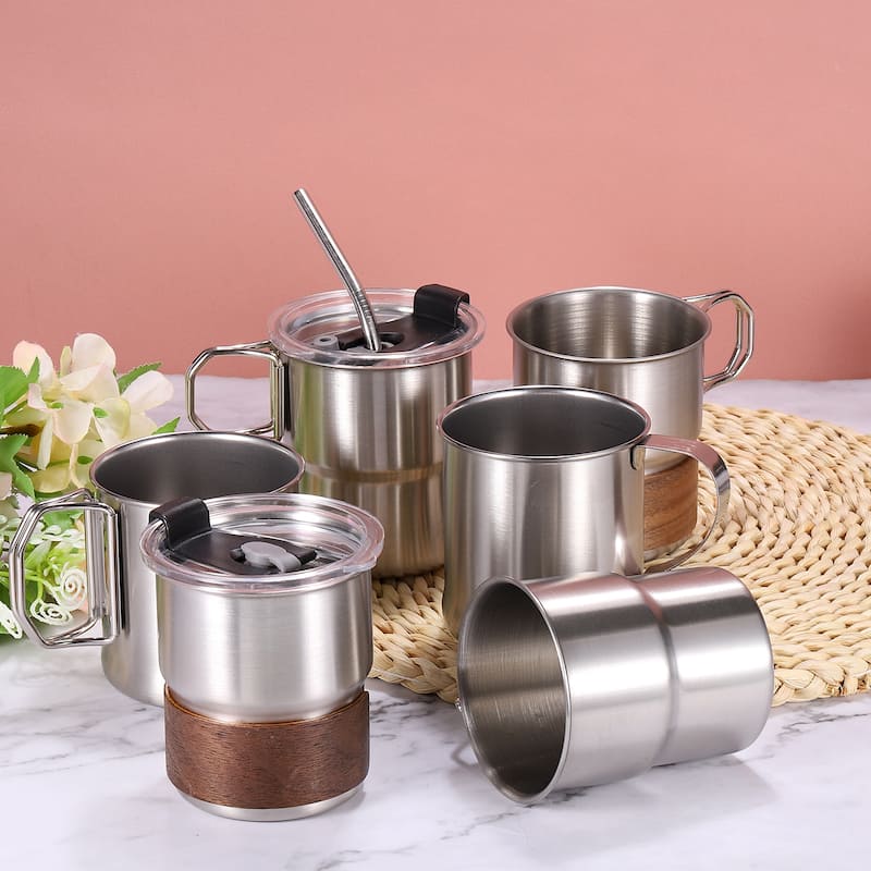 304 Stainless Steel Cups with Lid, 10oz Metal Double Wall Water Glasses Cup - Silver