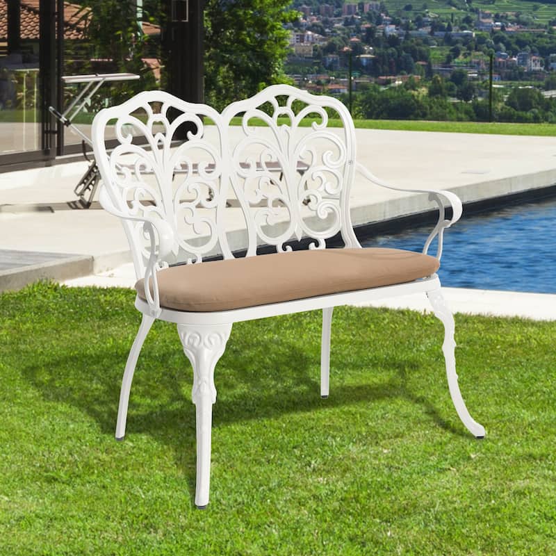 HOMEFUN Aluminum Outdoor Butterfly Loveseats Park Garden Bench - White+cushion