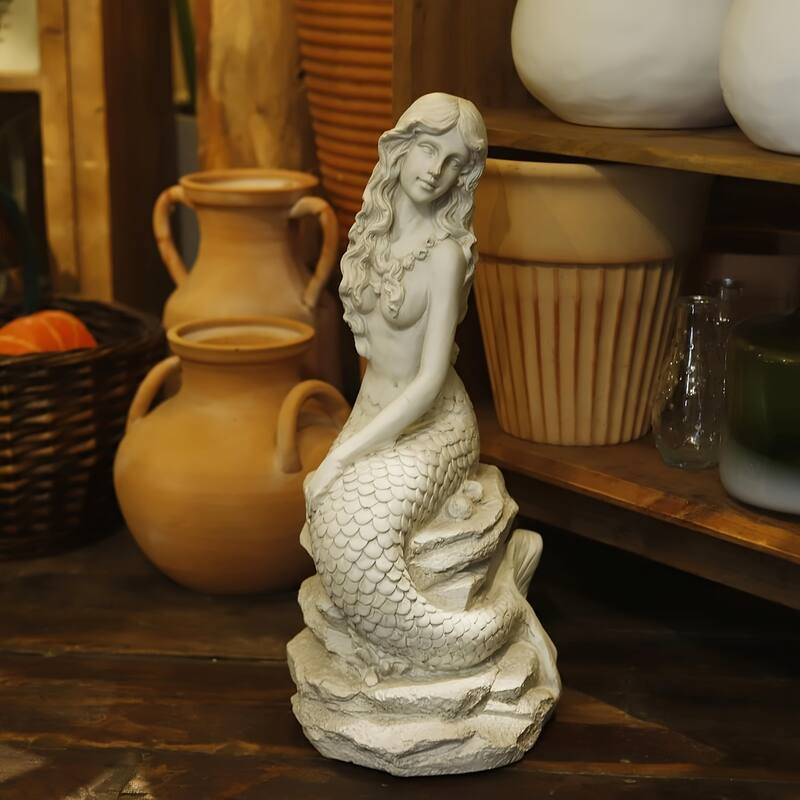20"H Mermaid on Ocean Rock Garden Statue Resin Sculpture Large Mermaid Figurine Collectible Nautical Fairy Tale