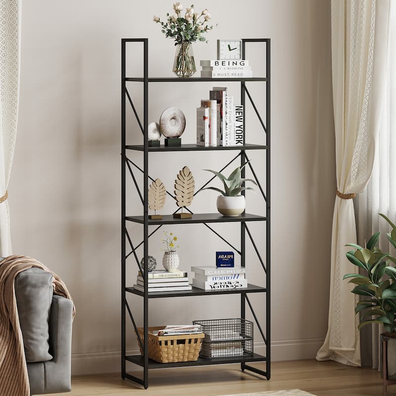 Roul Wood 5 Tiers Bookshelf Modern Bookcase Storage Rack Shelves - Black