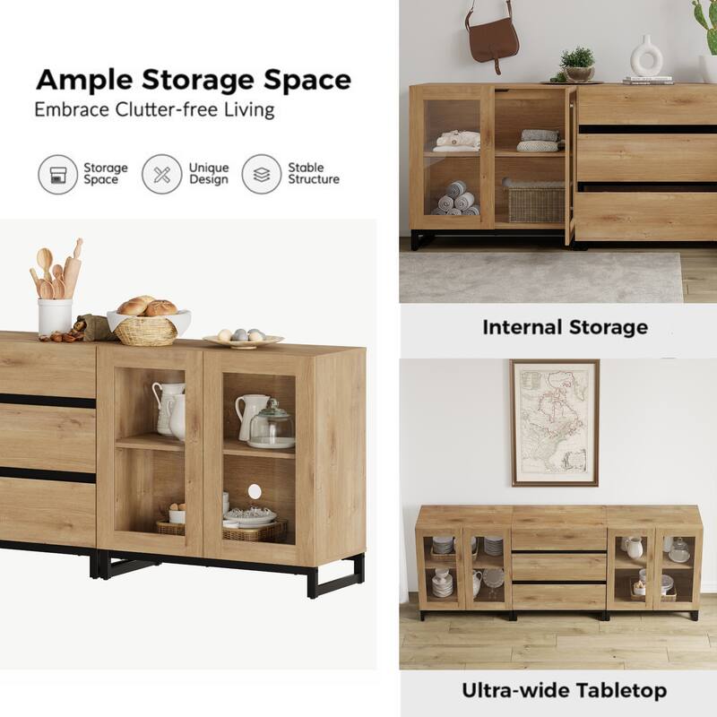 WAMPAT 3 in 1 Modern Sideboard with Glass Doors and 3 Drawers, Coffee Bar Cabinet for Kitchen