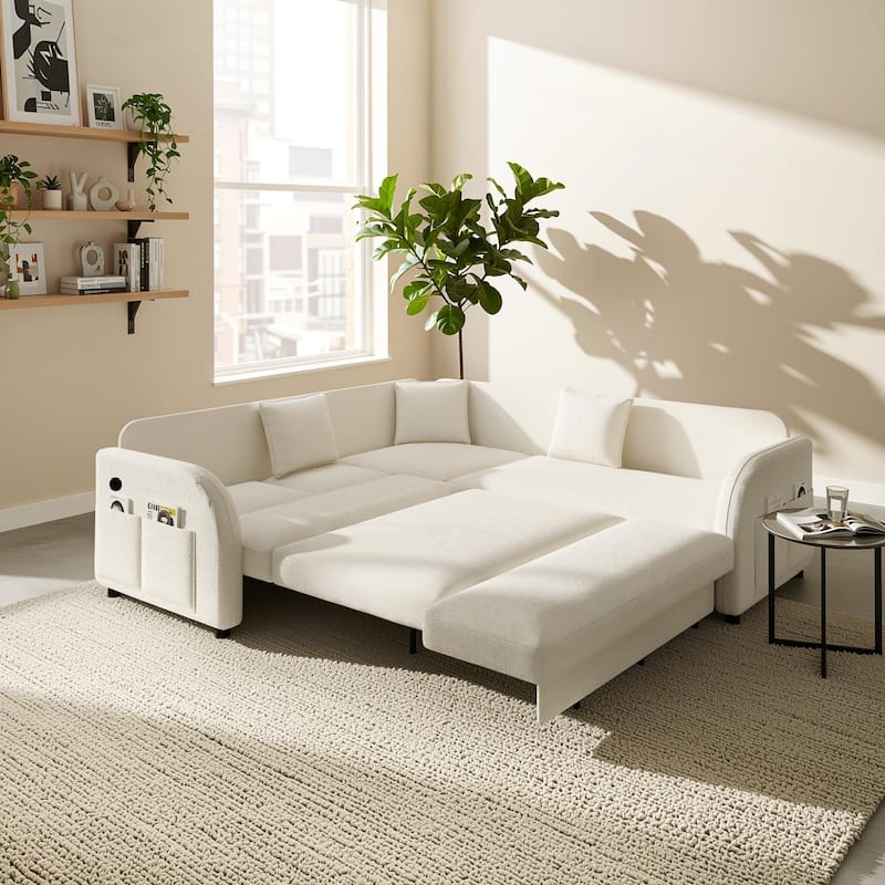 Homy Casa 85"/115" L-Shaped Sectional Sofa Bed USB & Side Pocket, Teddy Fabric Pull-Out Sleeper, Reversible Chaise, Multi Colors - Beige 5