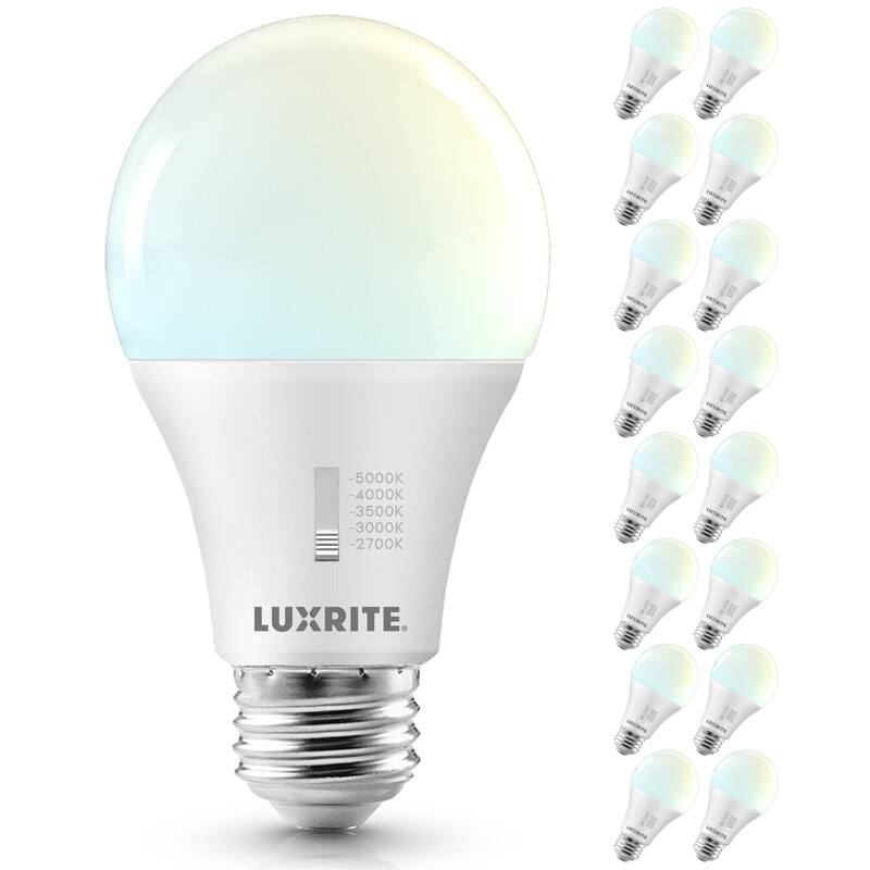 Luxrite A19 LED Light Bulb Dimmable 11W=75W CRI90 5CCT 1100 Lumens E26 Base Title CA20 ETL 16 Pack - 5 Color Temperature Selectable