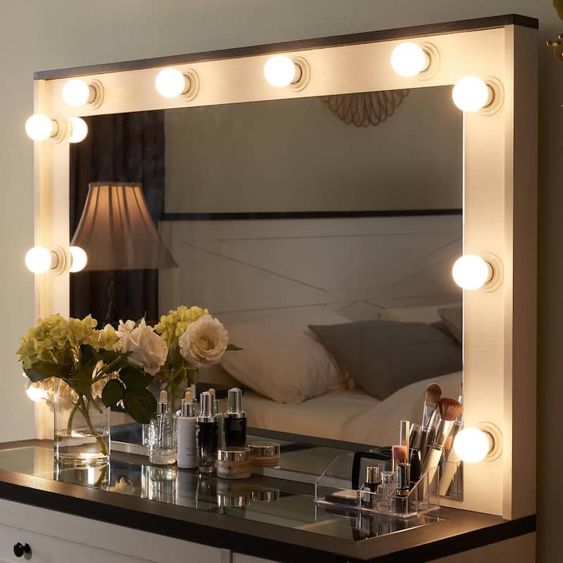 Farmhouse Vanity Desk with Mirror and Storage Space, Stool Included