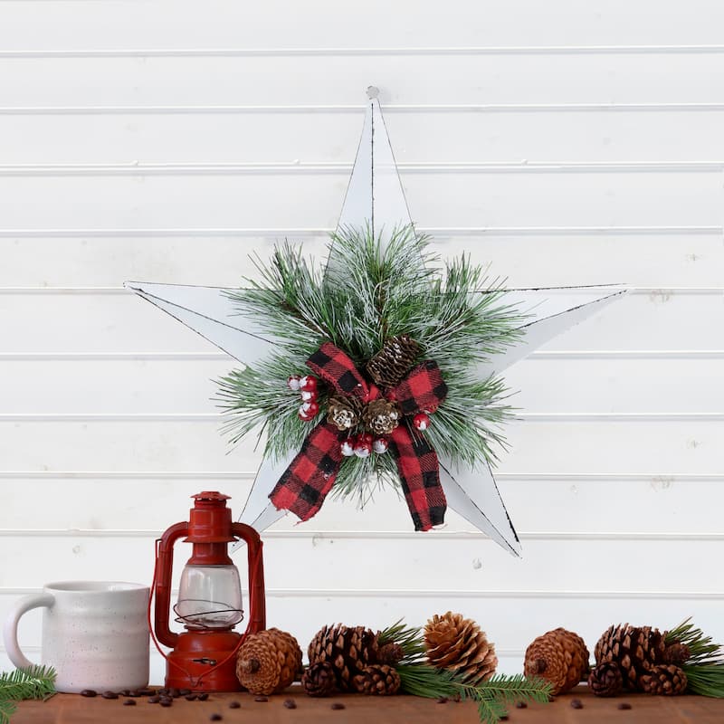 17" White 5 point Christmas Star With Plaid Ribbon Artificial Pine